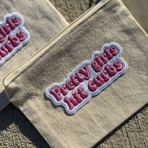 Beige Canvas Pouch with Pink 'Pretty Girls Hit Curls' Patch